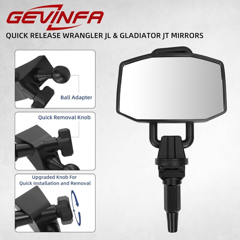 GEVINFA Upgraded Mirrors Doors Off Compatible with Jeep Wrangler JL JLU and Gladiator JT 2024-2026, Quick Release JL Mirror, No Wobble & Quick Removal knob(Not Fit 1986-2023) Patented - Image 2